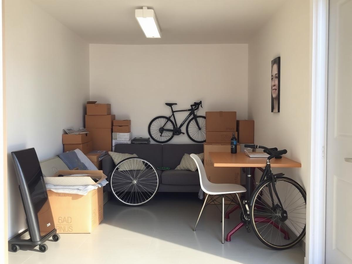 Möblerat förråd på 3 m² i Karlstad med soffa, matbord, flyttkartonger och cykel