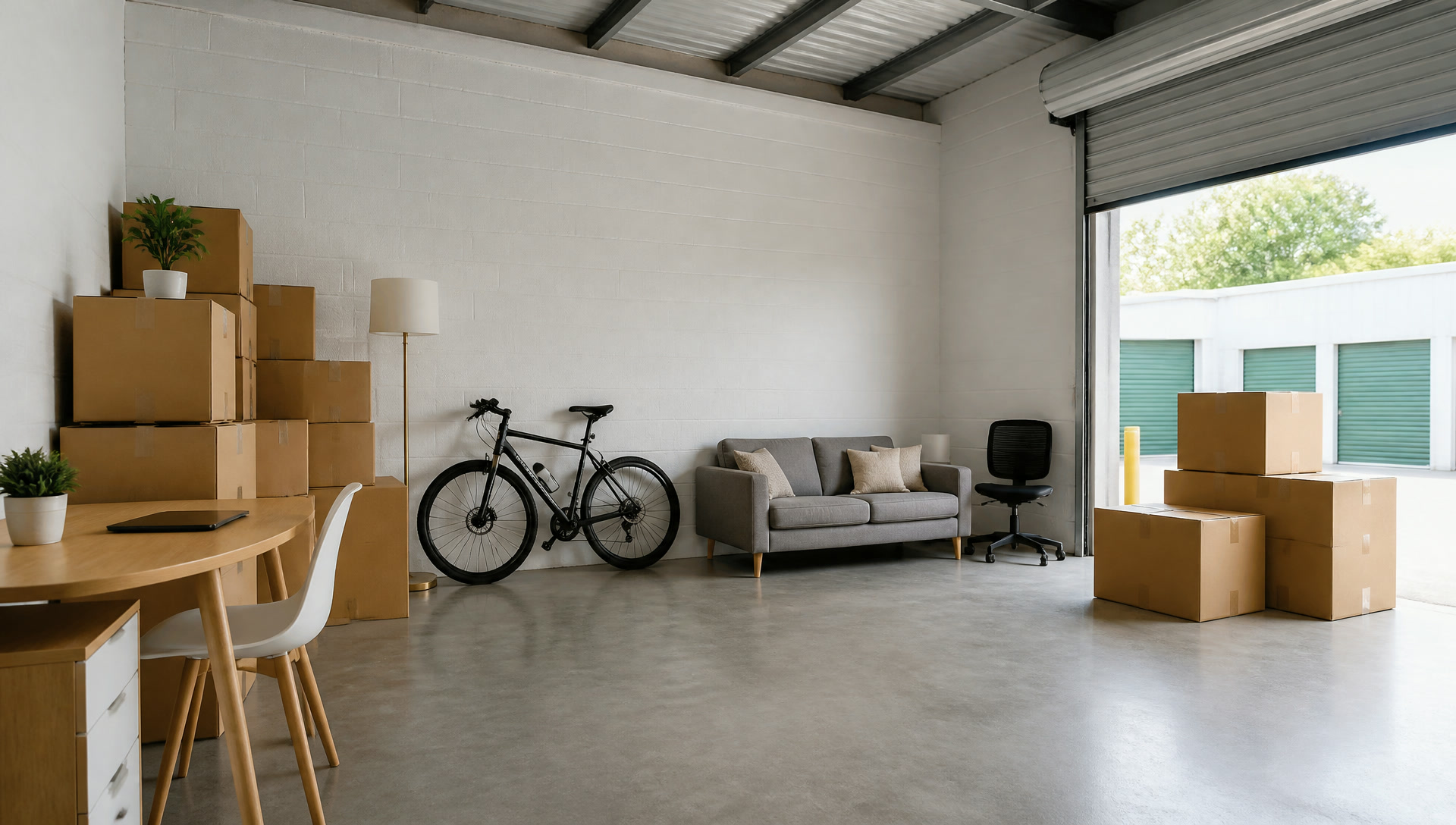 Verklighetstroget förrådsrum i Karlstad med kartonger, cykel, soffa och skrivbord – ljust, rent och säkert hos Magazinerat